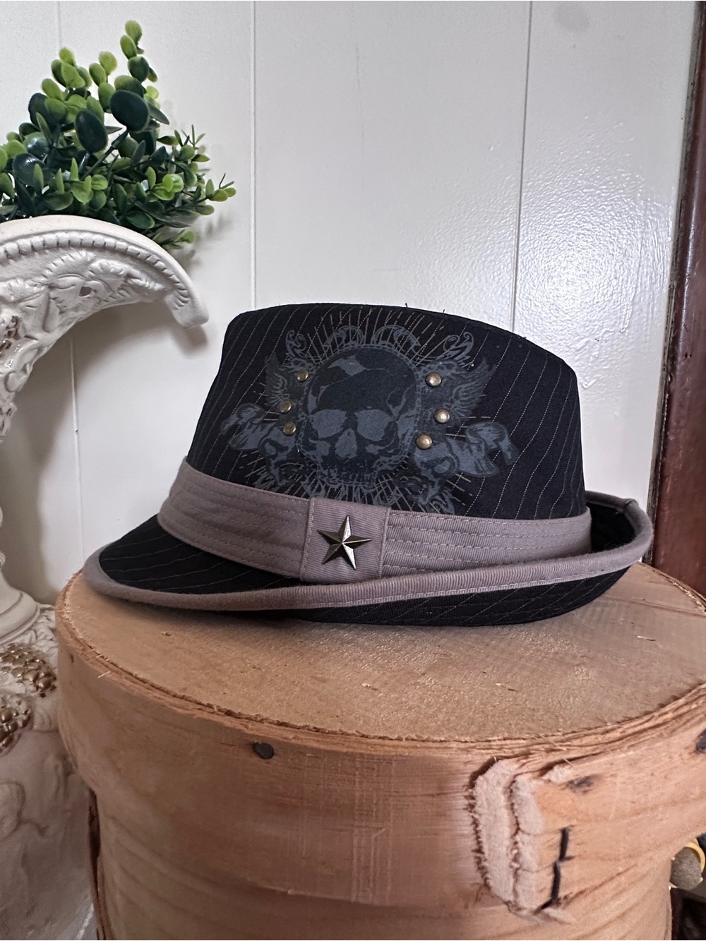 Black Pinstripe Fedora with Grey Band and Skull Graphic granule brand